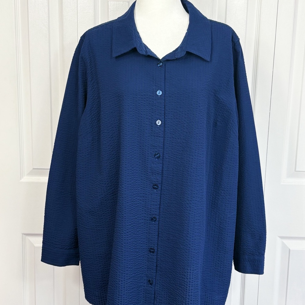 Joan Rivers Navy Blue Seersucker Cotton Long Sleeve Button Down Shirt 2X